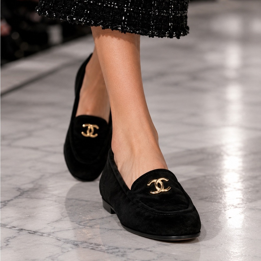 CHANEL Black Suede Loafers with Gold CC Emblem - Picture 1 of 8